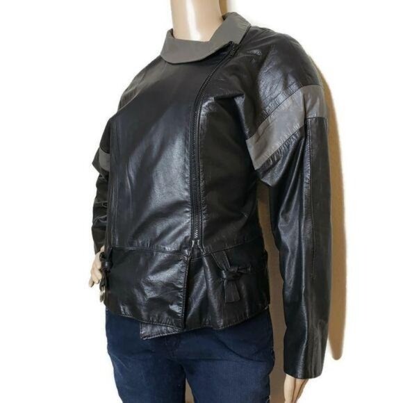 Avanti vintage Womens Leather Jacket Size 8 Black & Gray Asymmetrical Zip moto - Picture 2 of 11